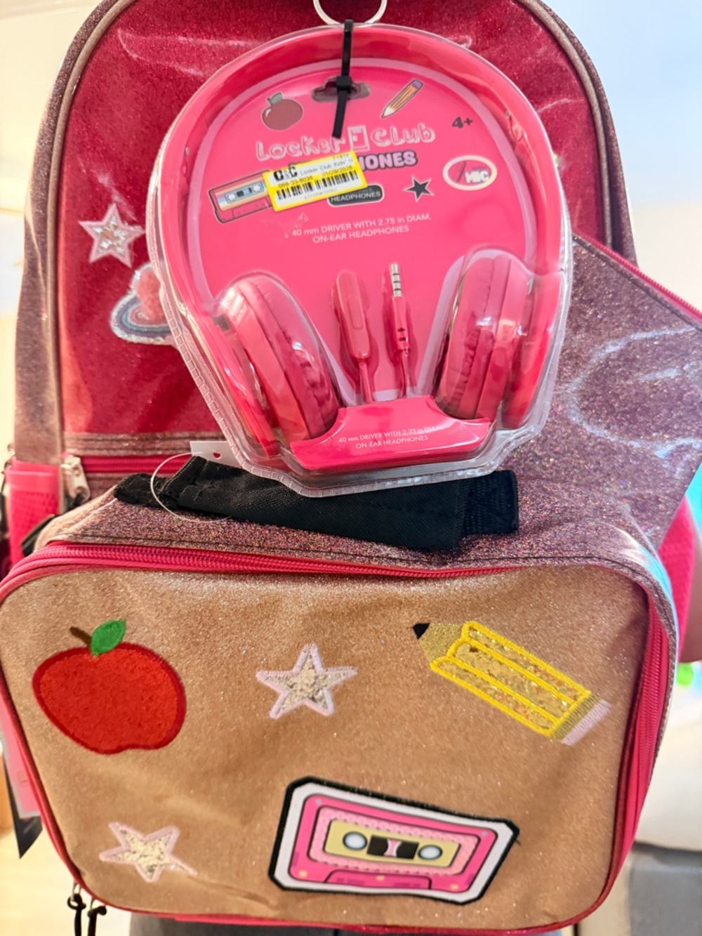 Justice Pink Glitter Backpack with Pink Headphones and School Patches